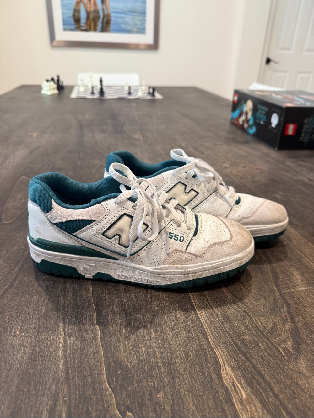 New Balance 550 Leather Sneakers in White and Teal (WILL BE CLEANED BEFORE)